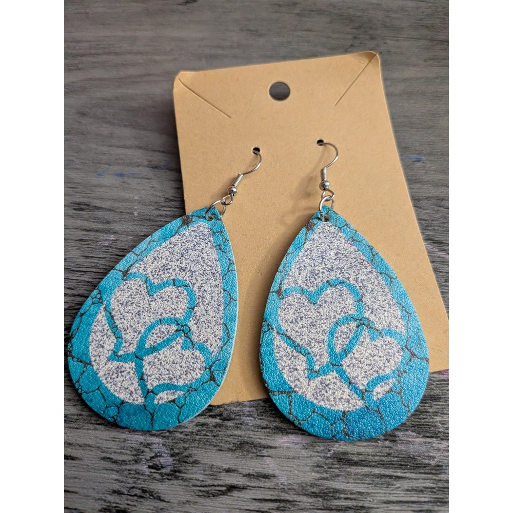 Turquoise Silver Faux Leather Teardrop Heart Dangle Earrings Boho Valentine Gift